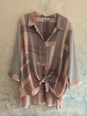 Rose + Olive Geometric Patchwork Button Down Boho Tunic Blouse in size 2X